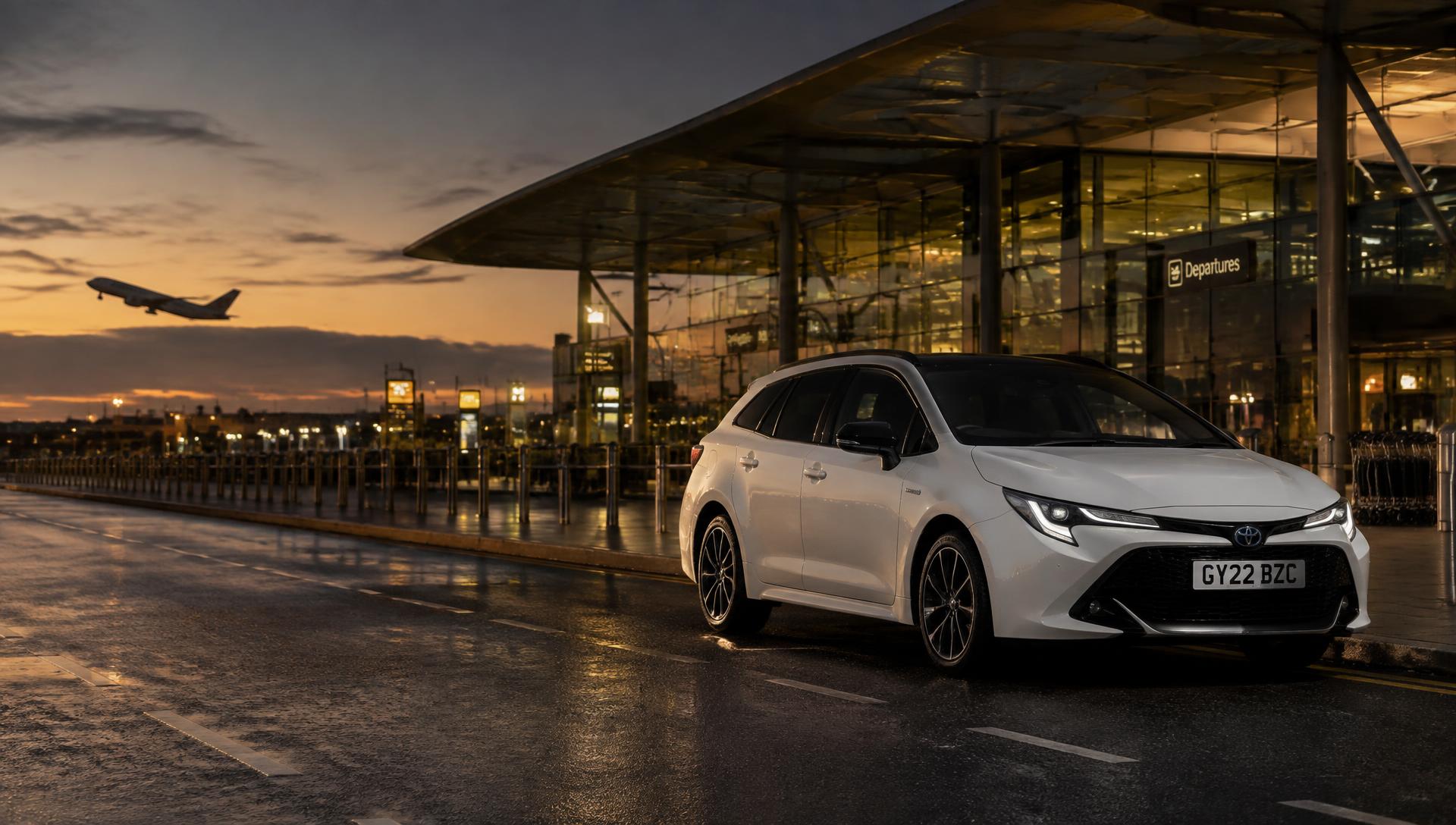 White Toyota Corolla estate at an airport terminal at dusk